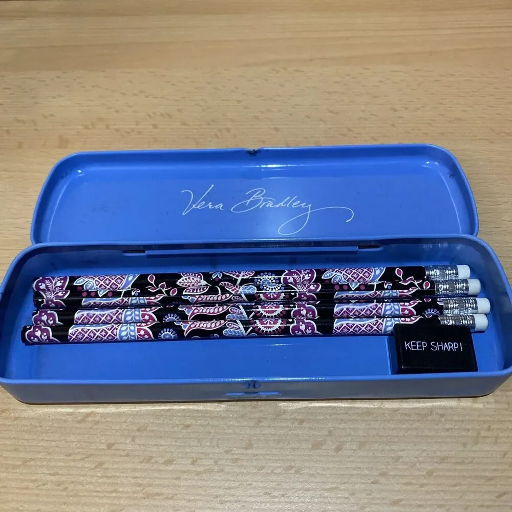 VERA BRADLEY Pencil Tin Alpine Floral Set of 4 Pencils Sharpener School Office